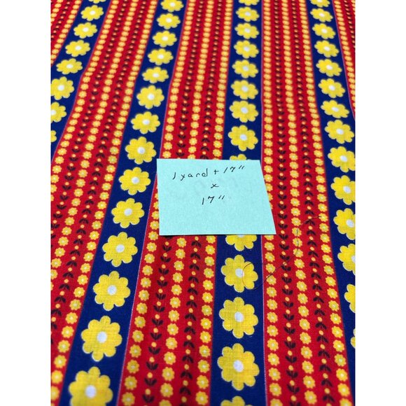 Vintage Red Yellow Floral Striped Cotton Fabric 1 yard + 17" x 17" Sewing Craft - Picture 3 of 4